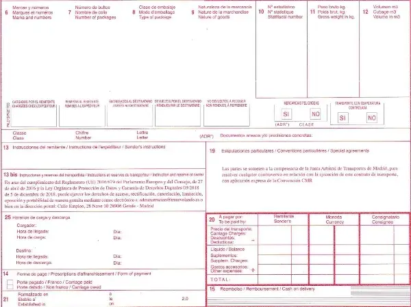 Copia de ejemplar de carta de porte en el transporte