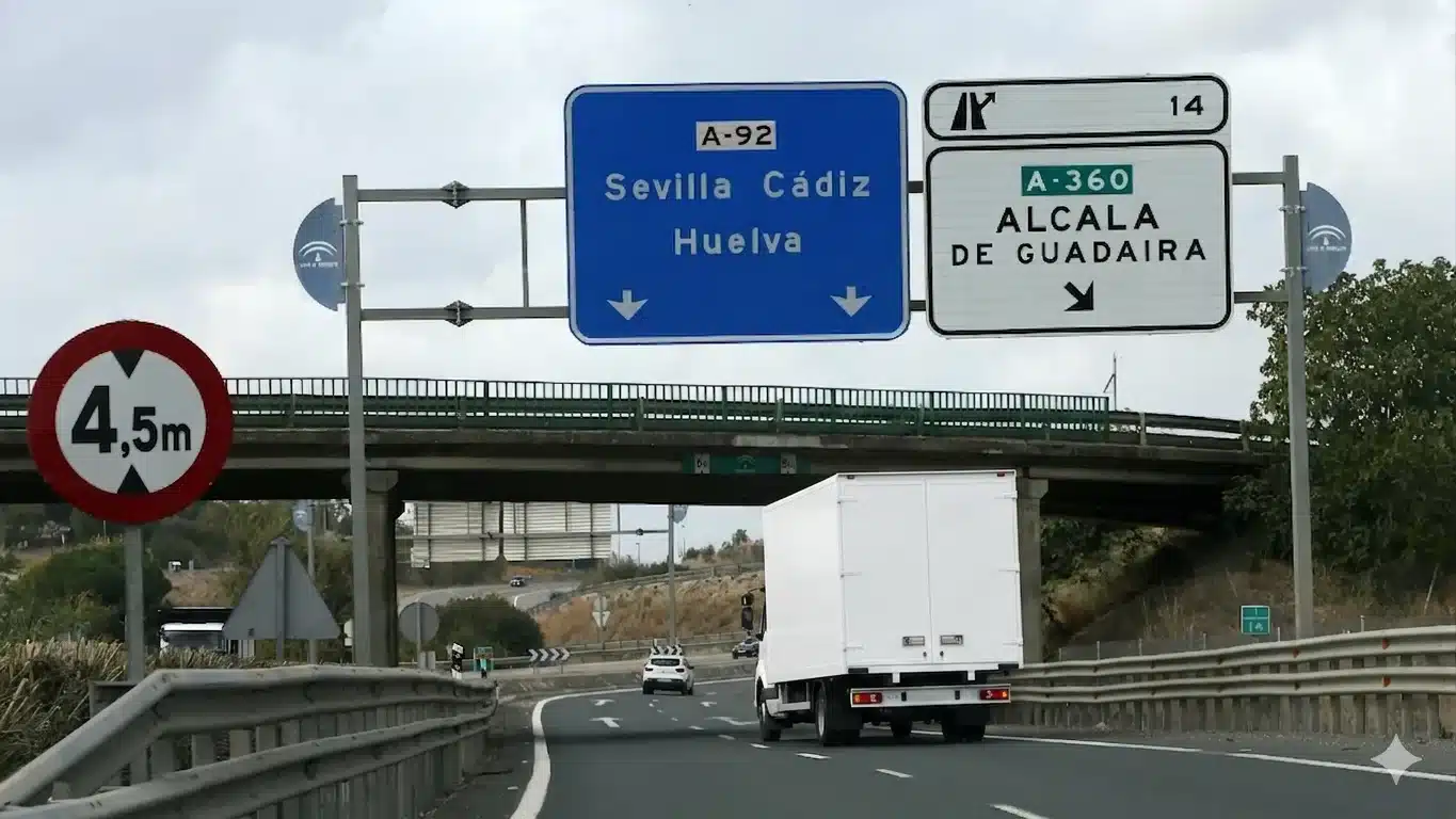 Camión de mercancías circulando por la autovía A-92 con dirección a Sevilla, Cádiz y Huelva