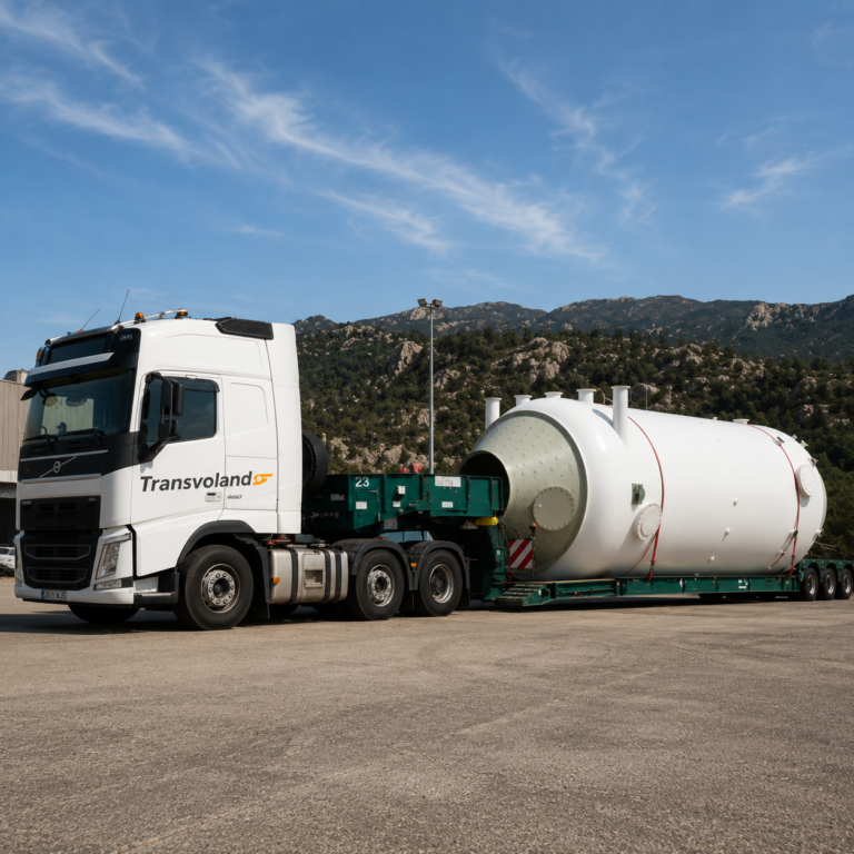 Camion transportando un enorme tanque industrial